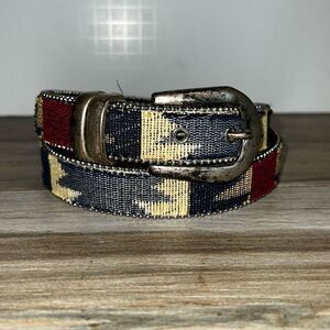 A. Brod Vintage Western Belt Women Medium Blue Tan Red Silver Tone Aged Hardware